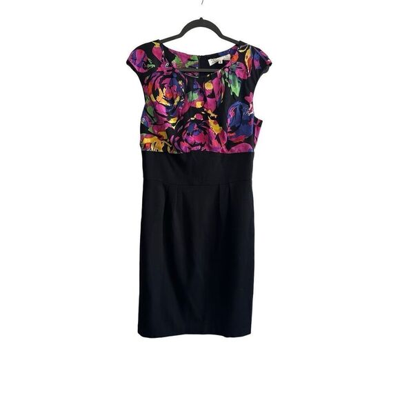 Trina Turk Black Multicolor Floral Print Cap Sleeve Silk Sheath Dress Size 8 - Picture 2 of 9